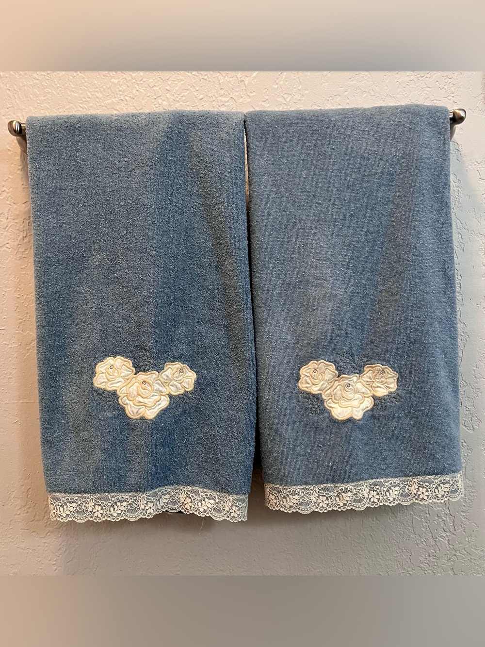 Blue Decorative Bath Towels with Cream Floral Appliqué and Lace Trim